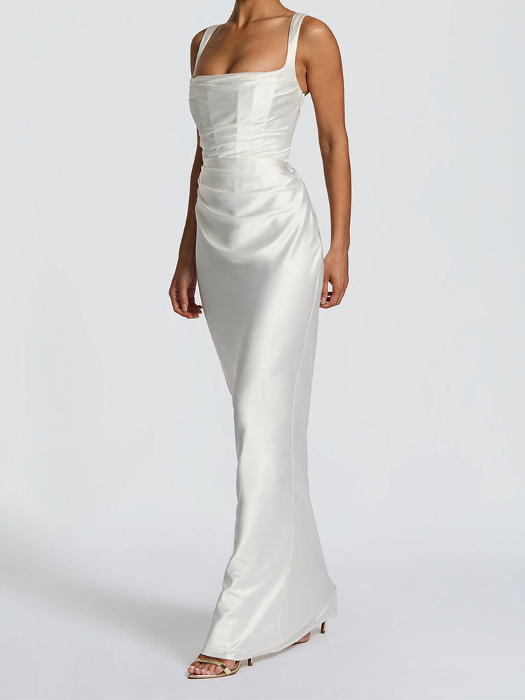 Elegant Satin Pink Evening Gown with Square Neck and Gloves