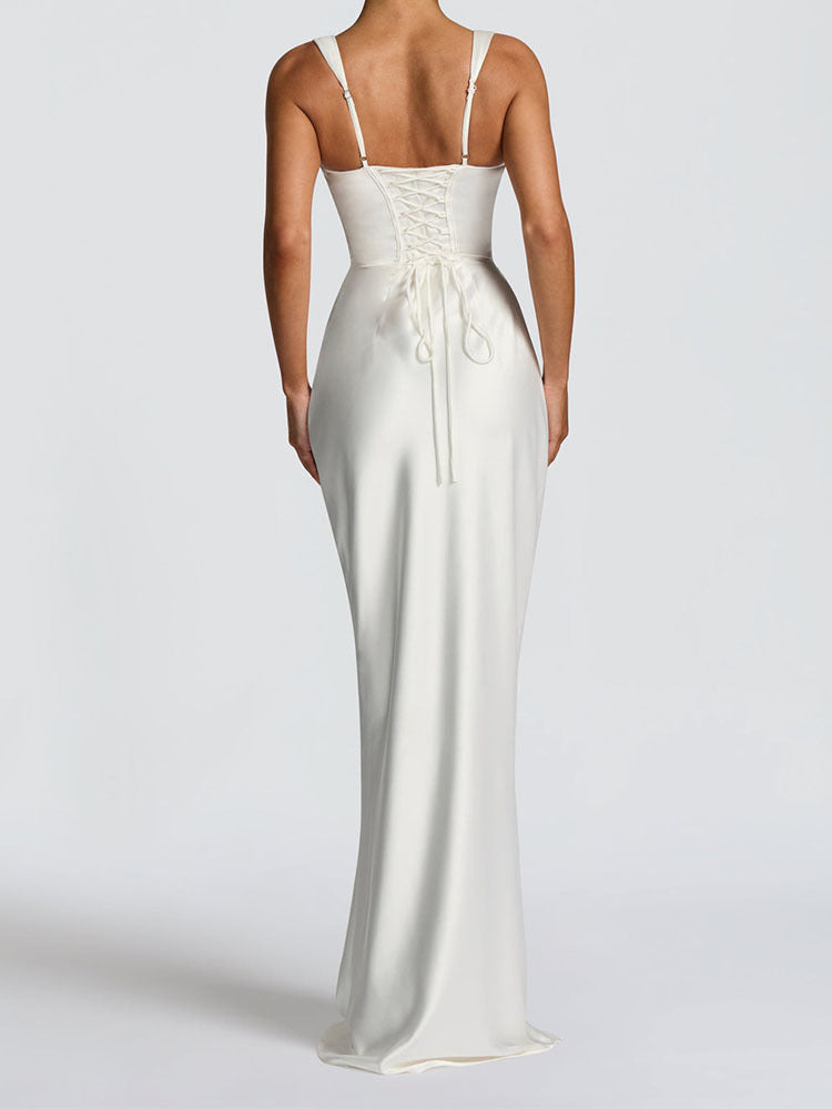 Elegant Satin Pink Evening Gown with Square Neck and Gloves