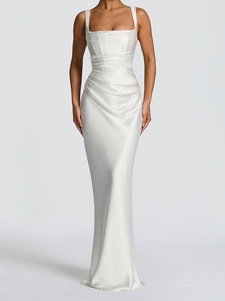 Elegant Satin Pink Evening Gown with Square Neck and Gloves