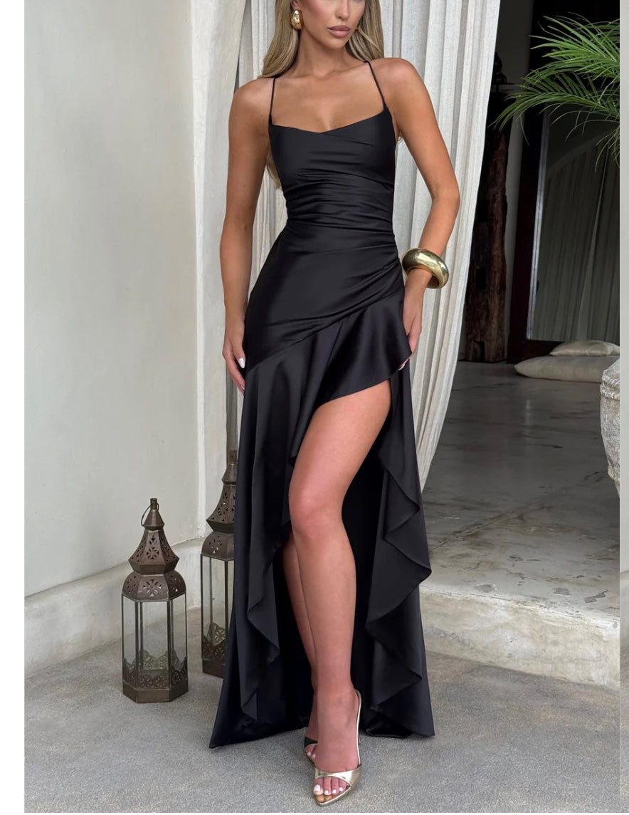 Elegant Satin Spaghetti Strap High Slit Evening Dress – Caroline