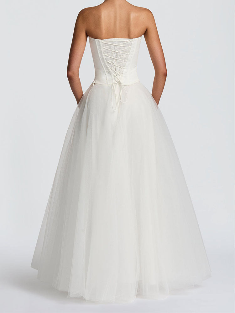 Strapless Corset Tulle Ball Gown Dress – Elegant Wedding & Evening Maxi Dress