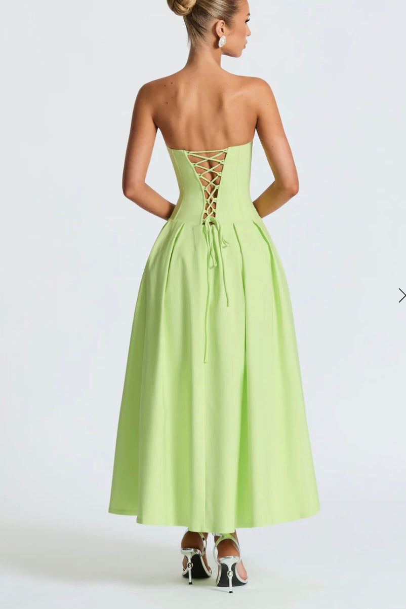 Elegant Strapless Corset Green Midi Dress with Pleated Skirt