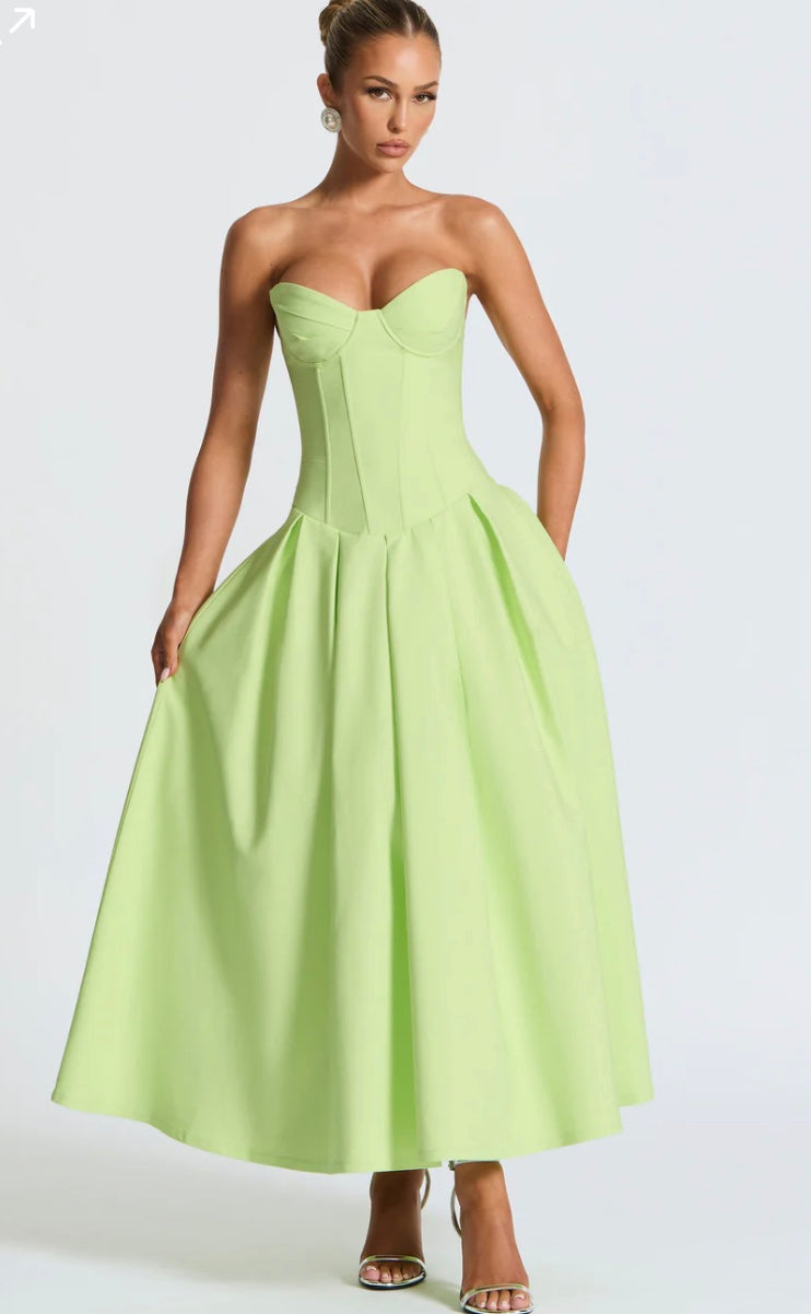 Elegant Strapless Corset Green Midi Dress with Pleated Skirt