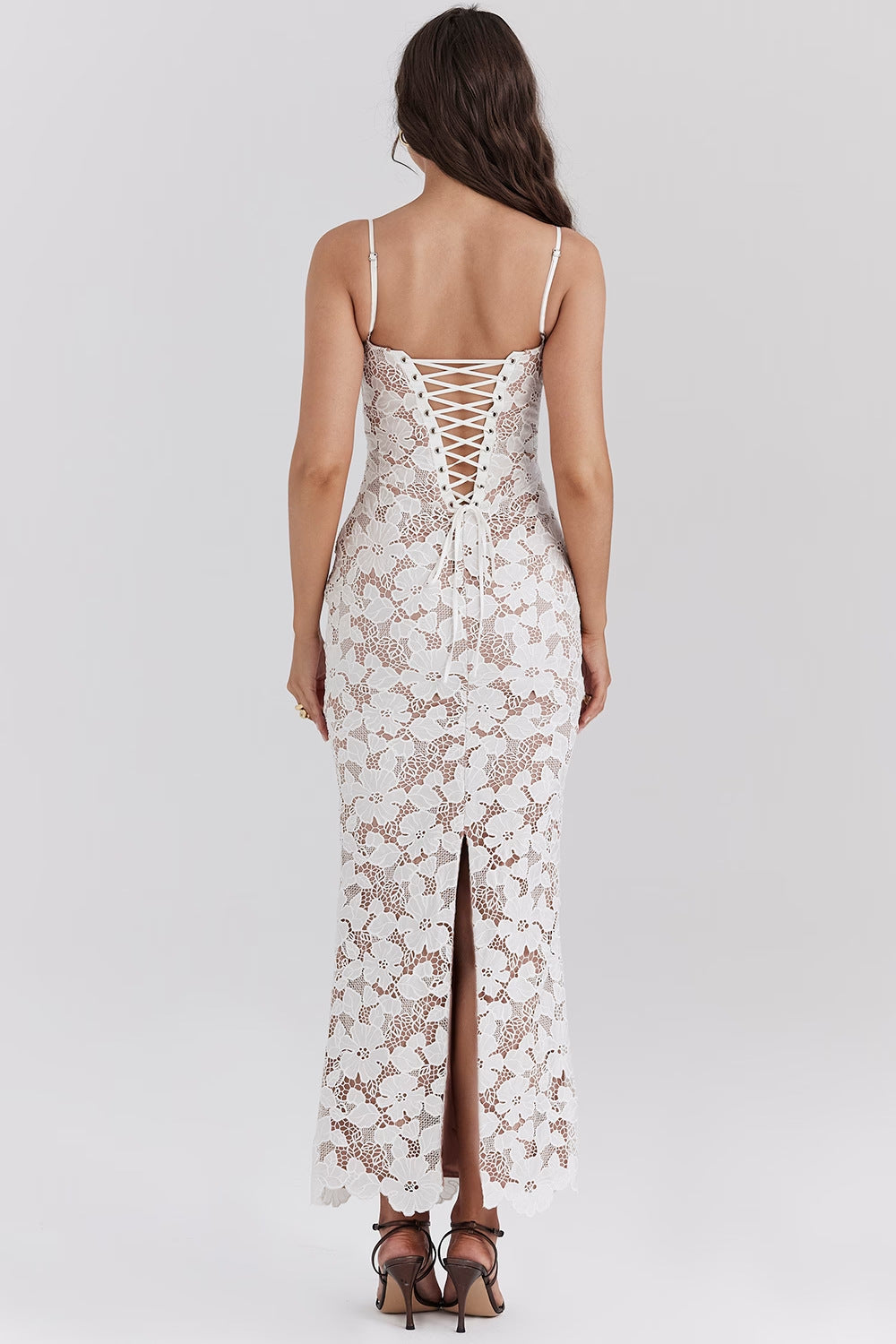 White Lace Spaghetti Strap Maxi Dress – Elegant Floral Sheer Evening Gown