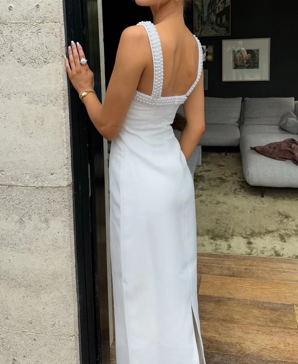 Elegant White Pearl Strap Midi Dress – Square Neck Slim Fit