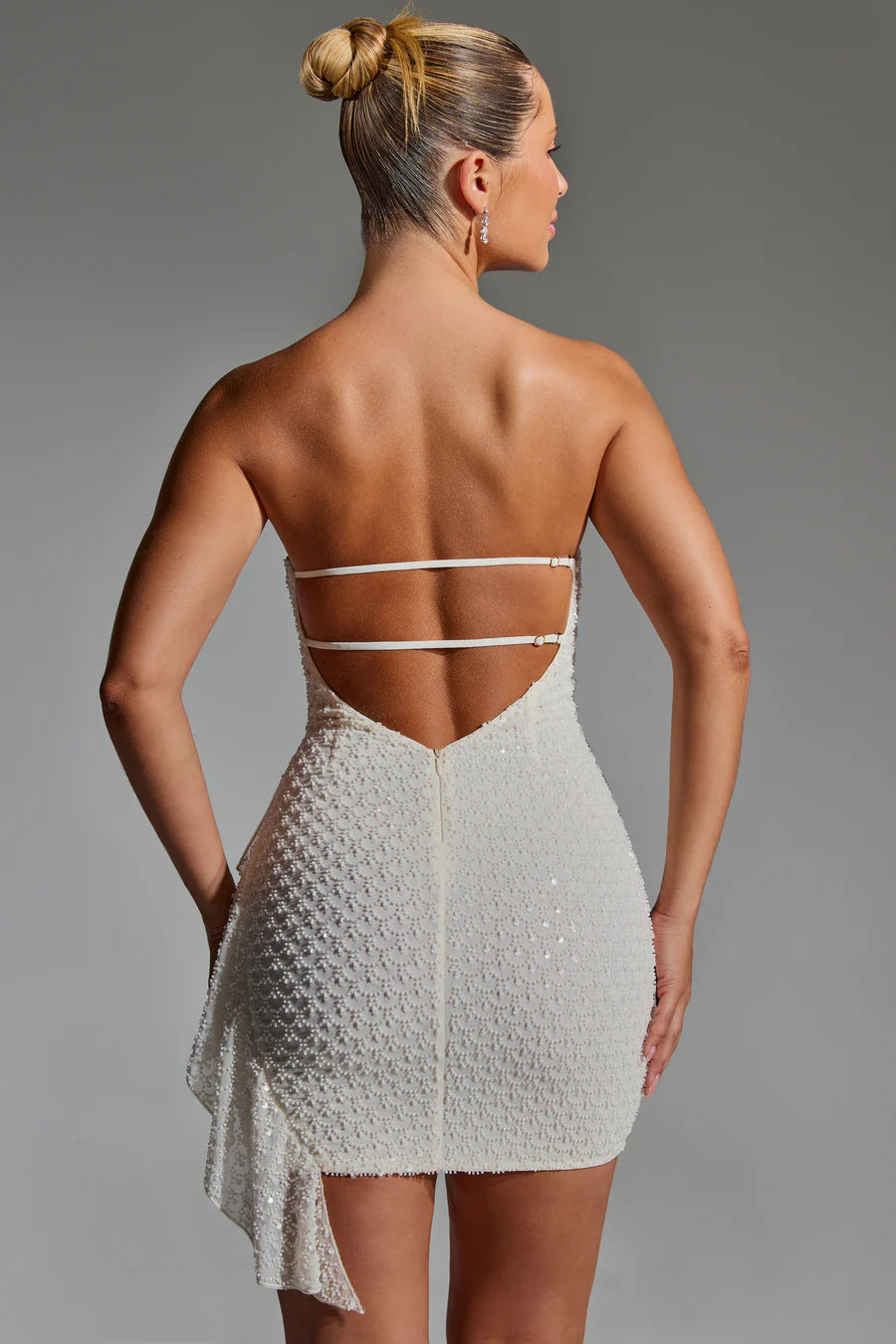 White Strapless Mini Dress with Side Ruffle Detail – Elegant Party & Cocktail Dress