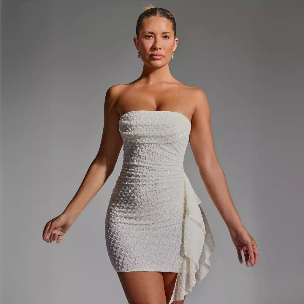 White Strapless Mini Dress with Side Ruffle Detail – Elegant Party & Cocktail Dress