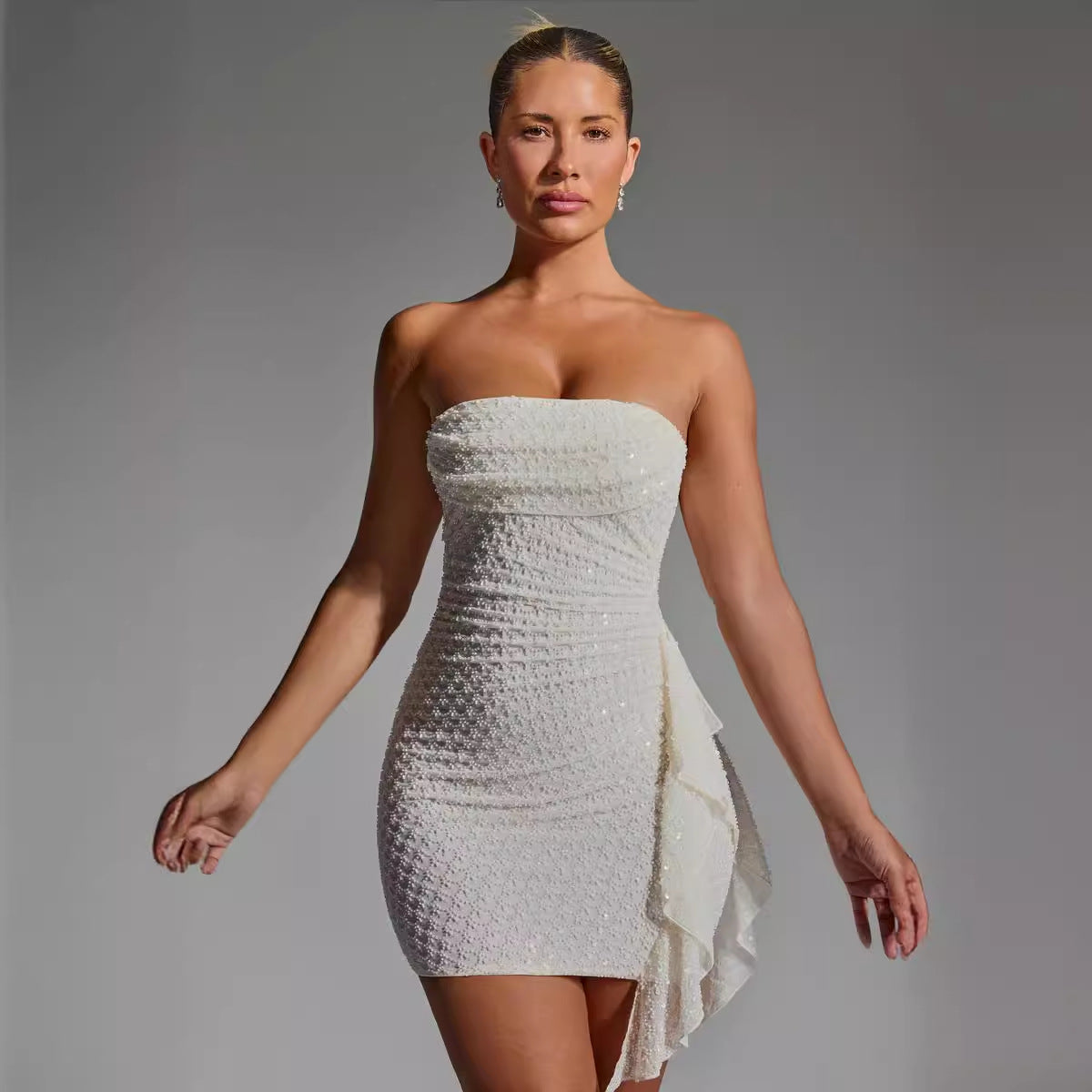 White Strapless Mini Dress with Side Ruffle Detail – Elegant Party & Cocktail Dress