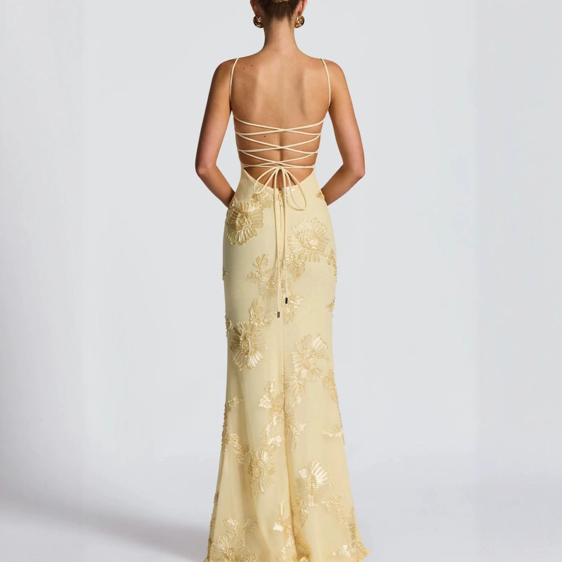 Elegant Floral Embroidered Spaghetti Strap Maxi Dress