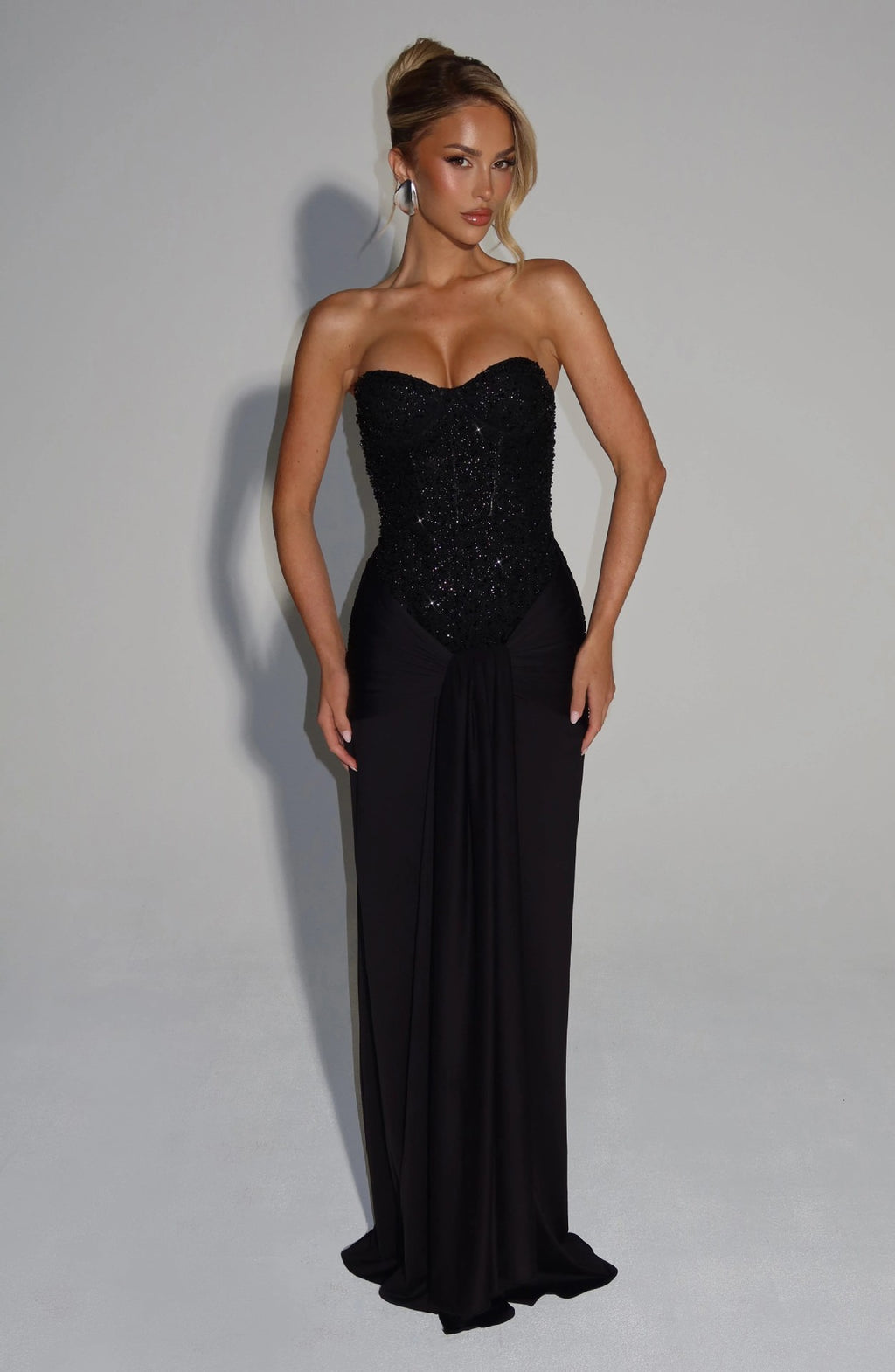 Strapless Sequin Corset Evening Gown with Scarf Detail