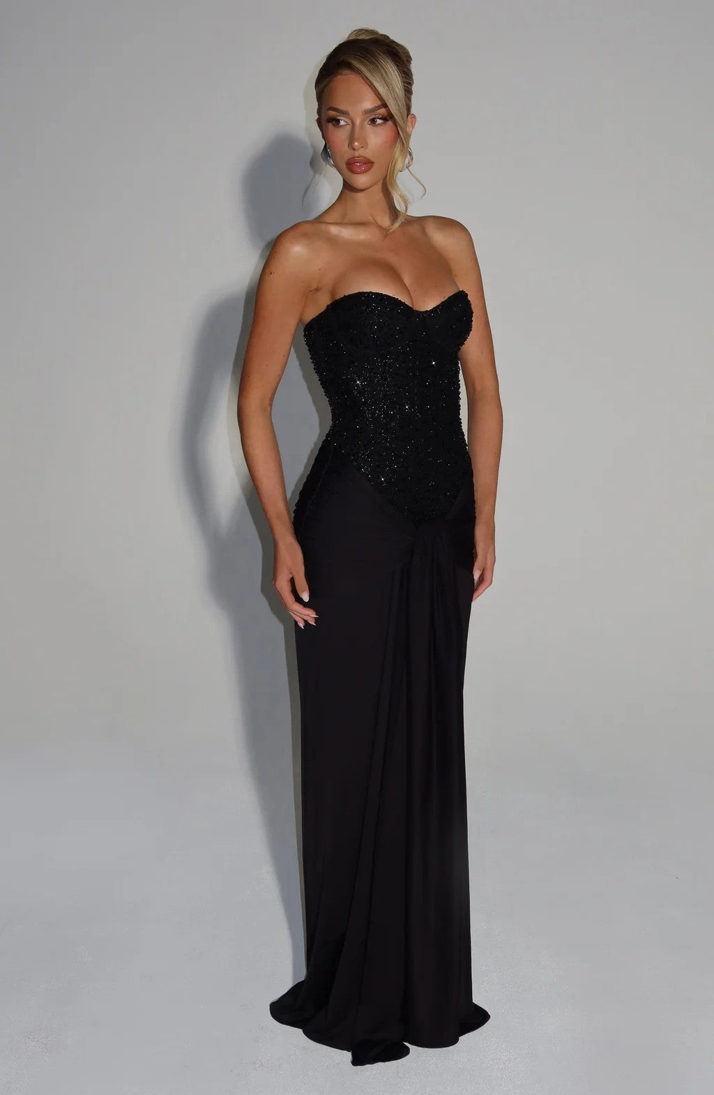 Strapless Sequin Corset Evening Gown with Scarf Detail