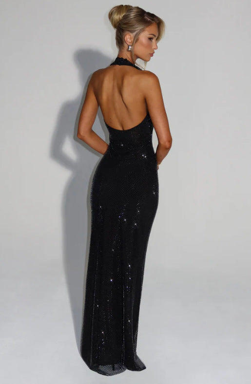 Caroline Deep V Halter Sequin Maxi Dress – Sexy Backless Evening Gown