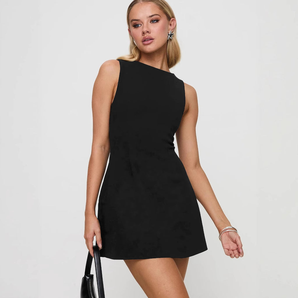 CarolineDress Solid Color Sleeveless Mini Dress – Elegant Round Neck Bodycon