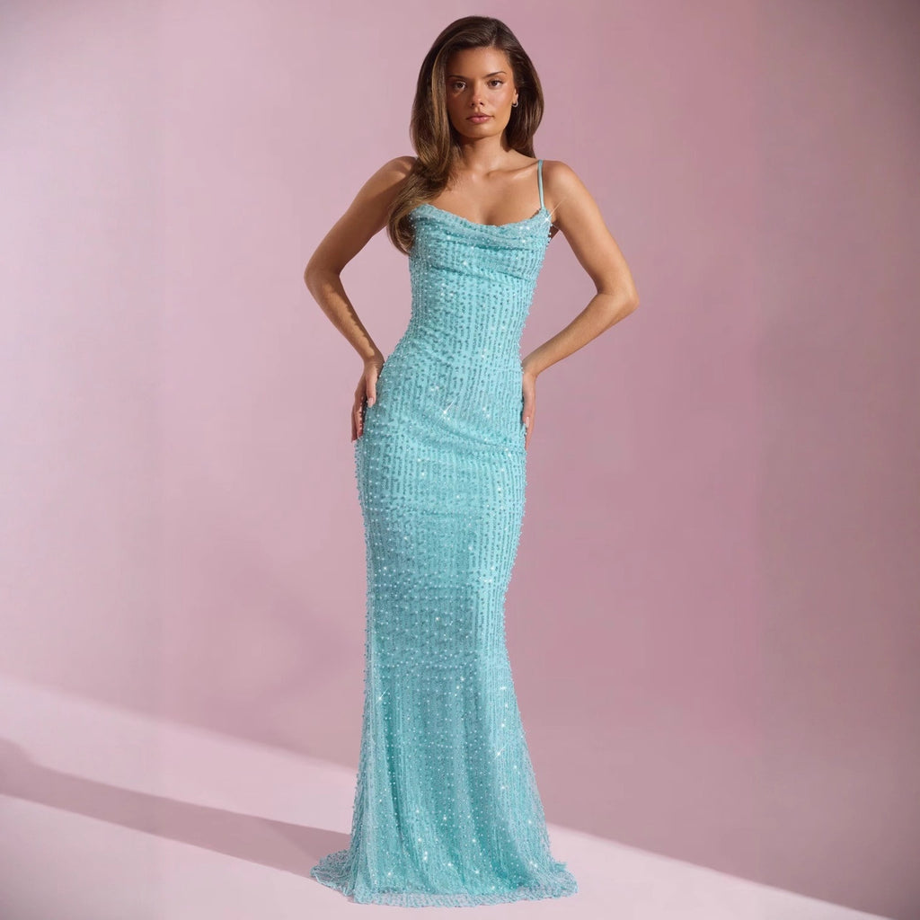 Caroline Beaded Spaghetti Strap Backless Maxi Dress – Elegant Evening Gown