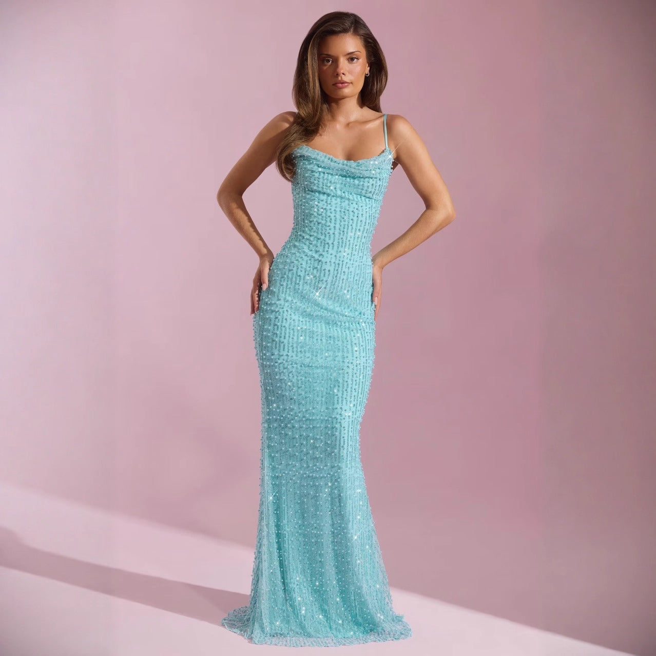 Caroline Beaded Spaghetti Strap Backless Maxi Dress – Elegant Evening Gown