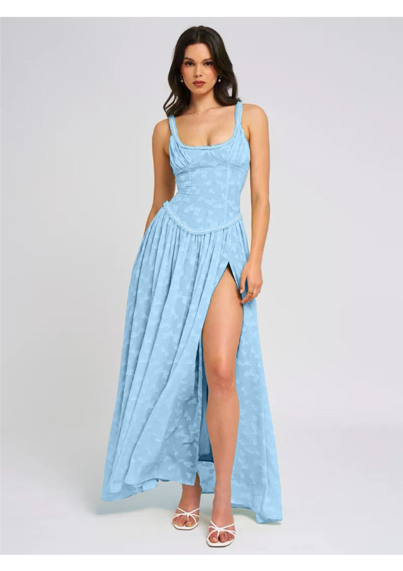 CarolineDress Elegant Square Neck Corset Maxi Dress with High Slit – Evening Party Gown