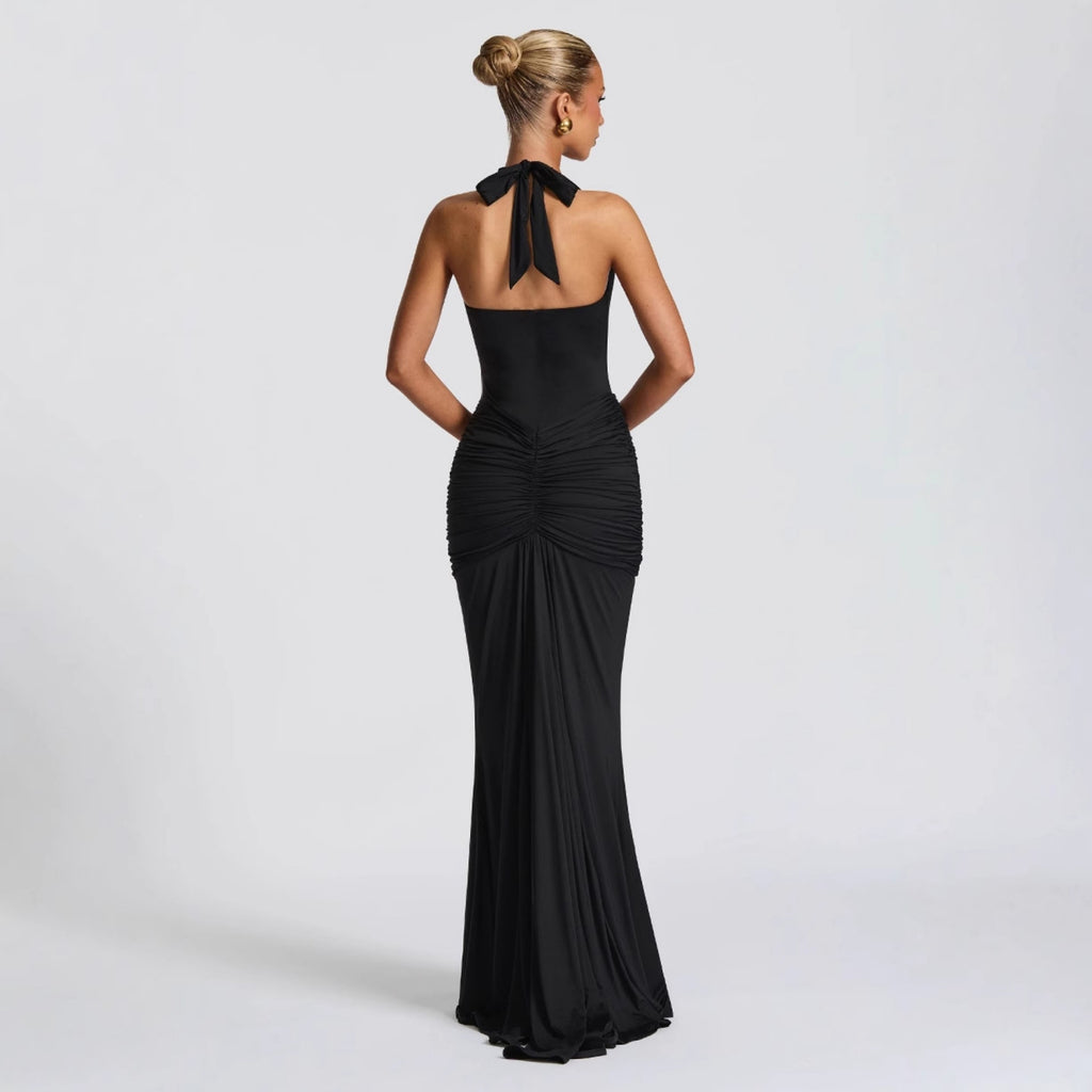 CarolineDress Deep V Halter Ruched Maxi Dress | Sexy Backless Evening Gown
