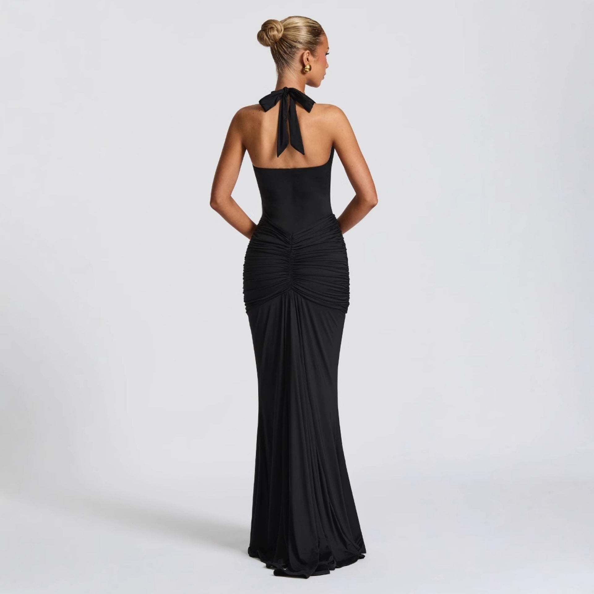 CarolineDress Deep V Halter Ruched Maxi Dress | Sexy Backless Evening Gown