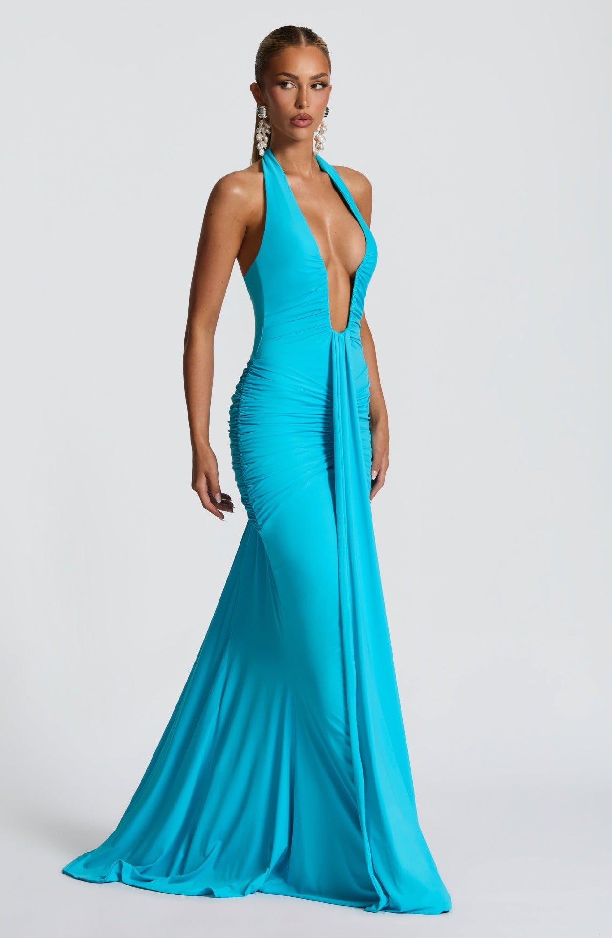 CarolineDress Deep V Halter Ruched Maxi Dress | Sexy Backless Evening Gown