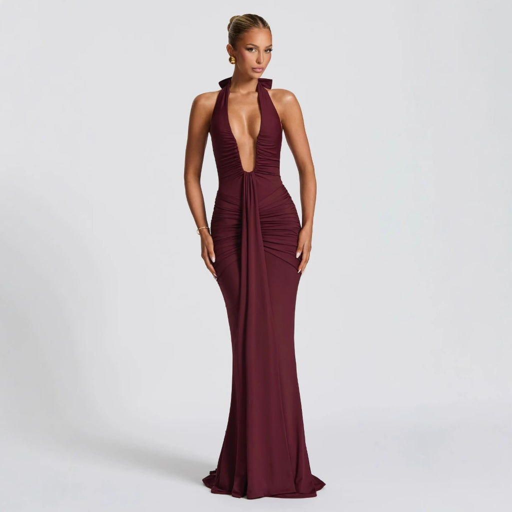 CarolineDress Deep V Halter Ruched Maxi Dress | Sexy Backless Evening Gown