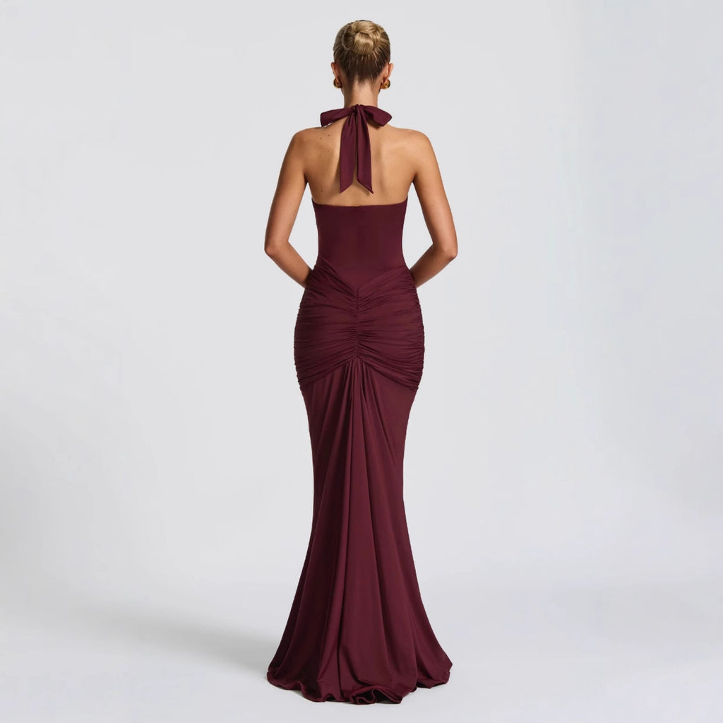 CarolineDress Deep V Halter Ruched Maxi Dress | Sexy Backless Evening Gown