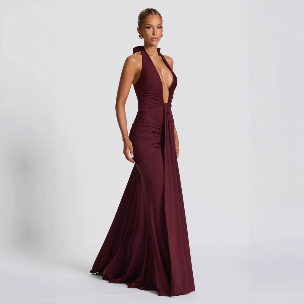 CarolineDress Deep V Halter Ruched Maxi Dress | Sexy Backless Evening Gown