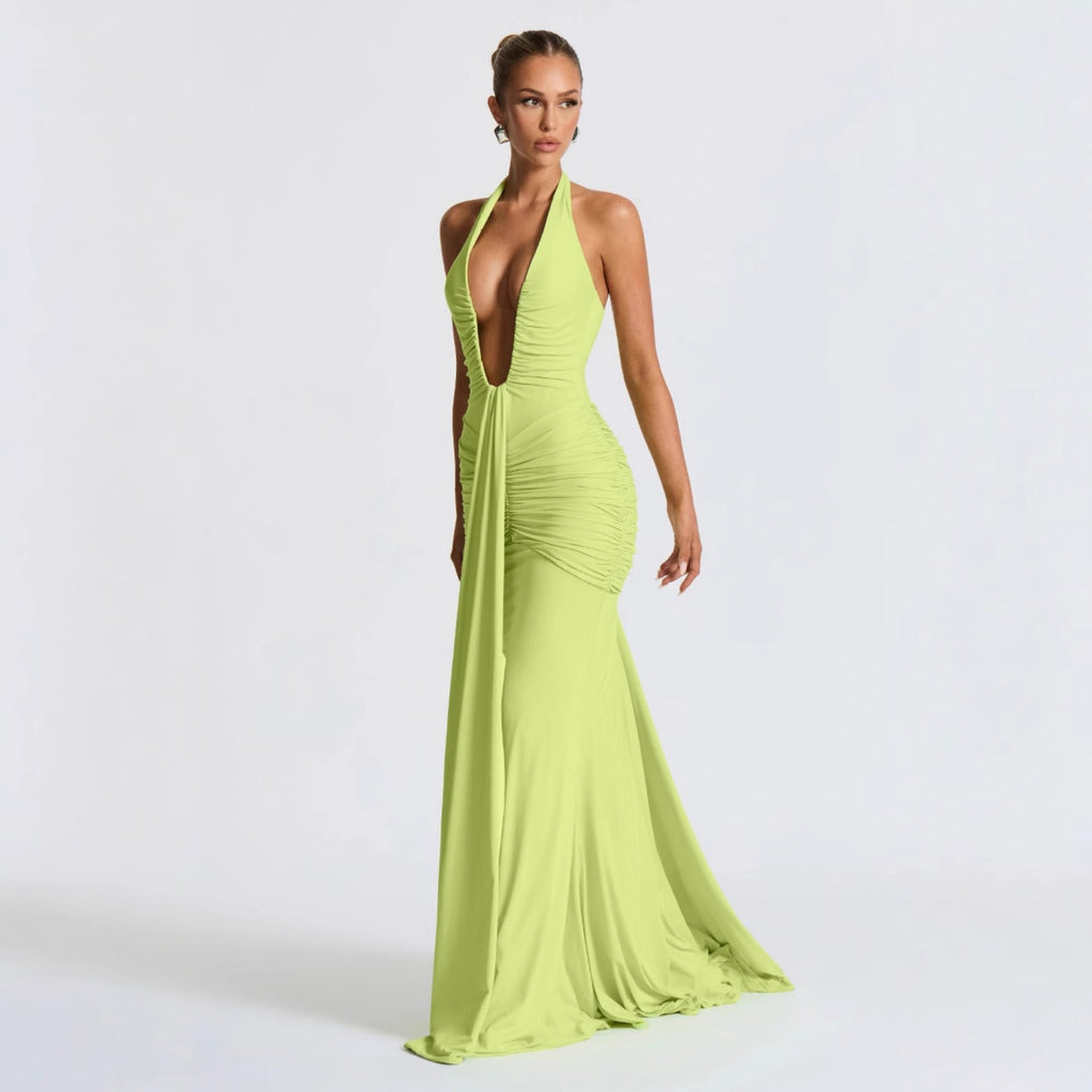CarolineDress Deep V Halter Ruched Maxi Dress | Sexy Backless Evening Gown