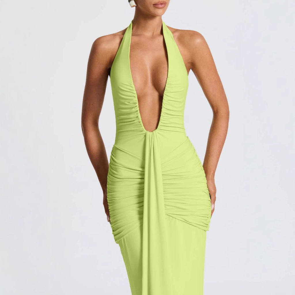 CarolineDress Deep V Halter Ruched Maxi Dress | Sexy Backless Evening Gown
