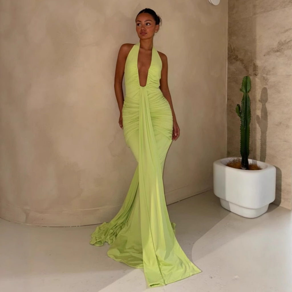 CarolineDress Deep V Halter Ruched Maxi Dress | Sexy Backless Evening Gown