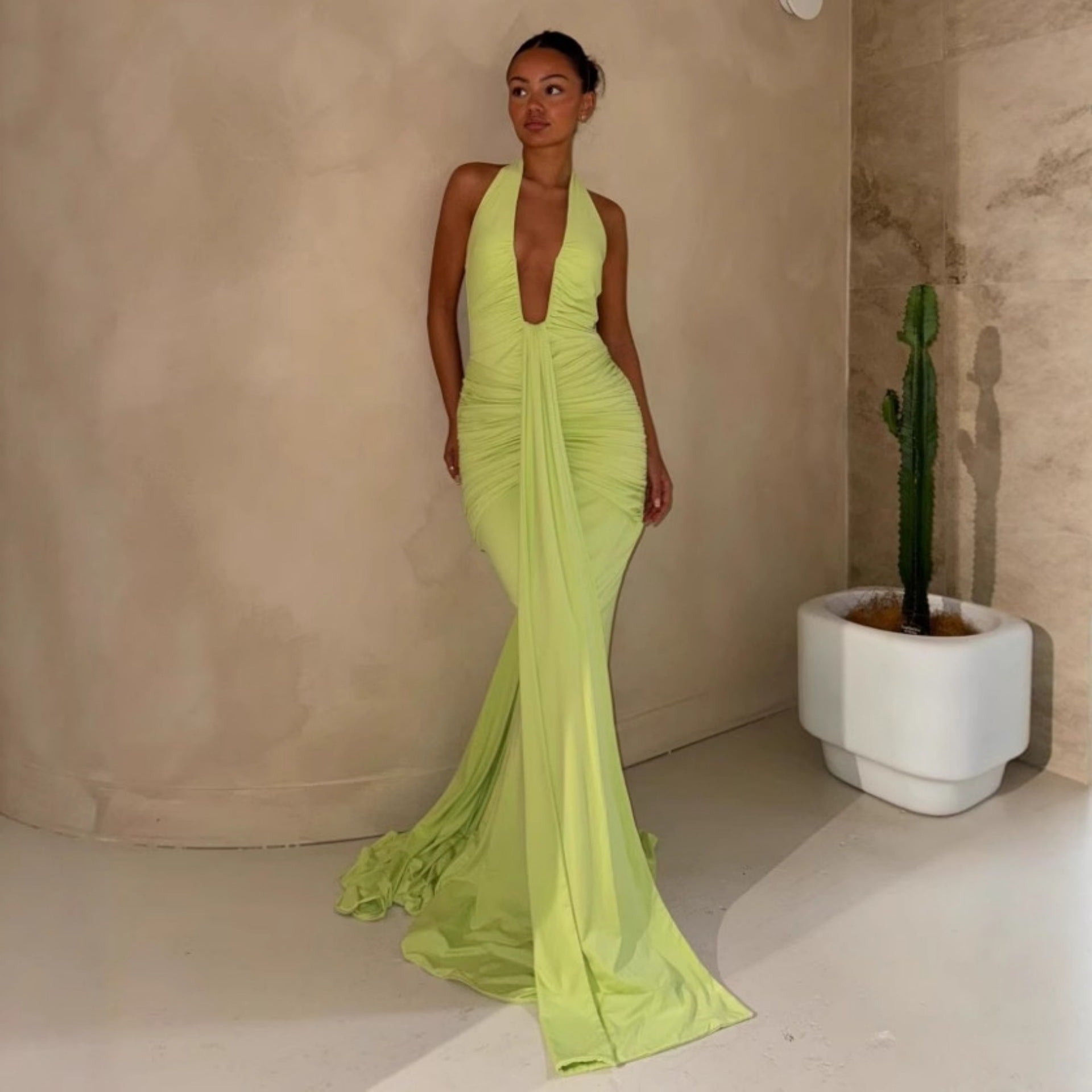 CarolineDress Deep V Halter Ruched Maxi Dress | Sexy Backless Evening Gown