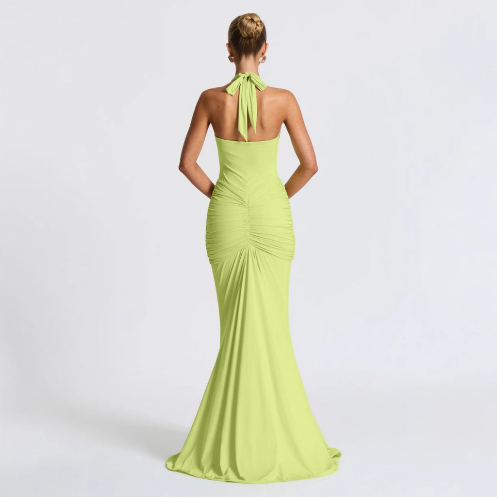 CarolineDress Deep V Halter Ruched Maxi Dress | Sexy Backless Evening Gown