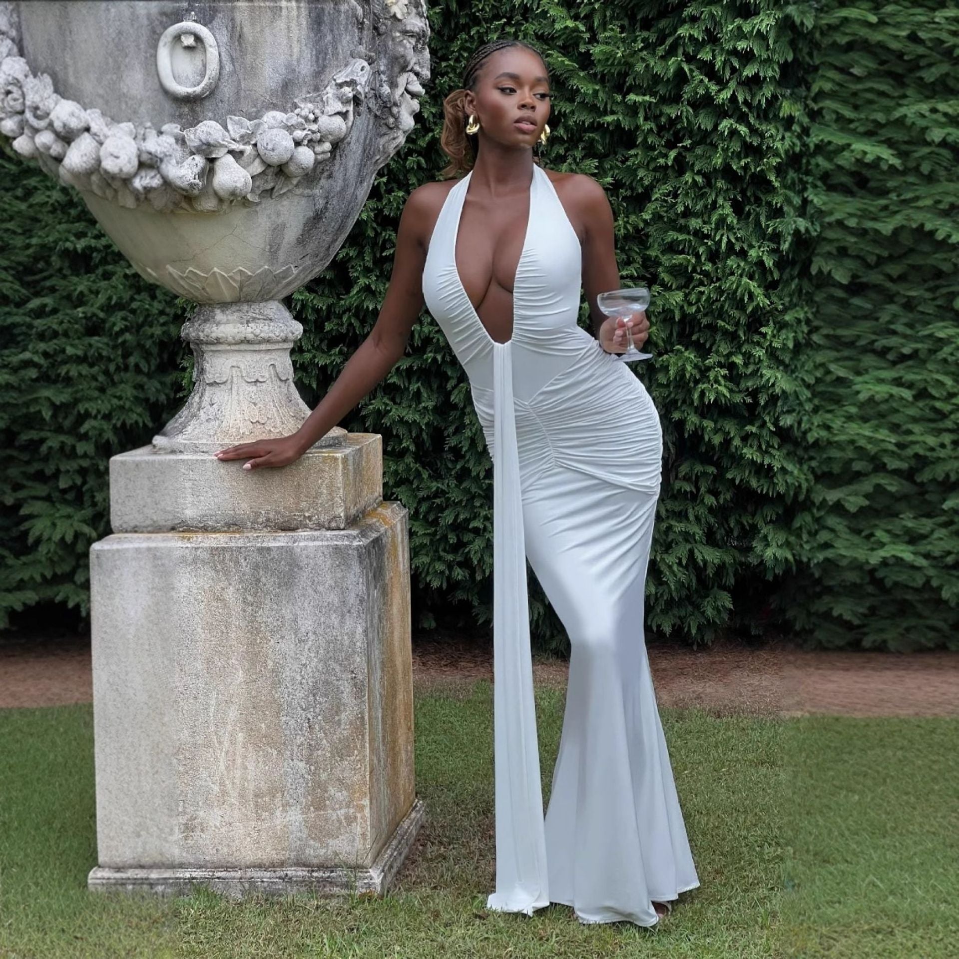 CarolineDress Deep V Halter Ruched Maxi Dress | Sexy Backless Evening Gown