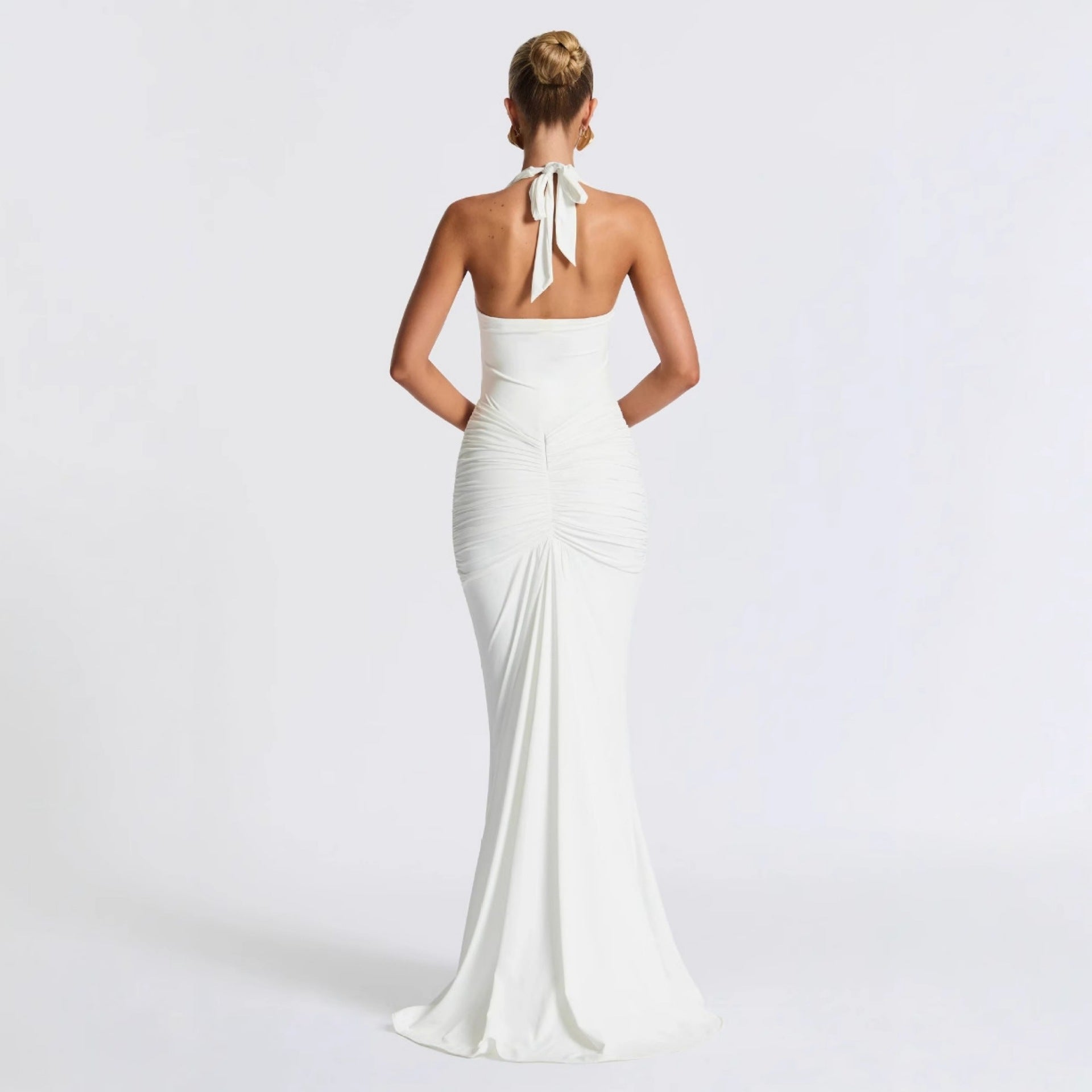 CarolineDress Deep V Halter Ruched Maxi Dress | Sexy Backless Evening Gown