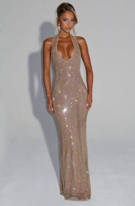 Caroline Deep V Halter Sequin Maxi Dress – Sexy Backless Evening Gown