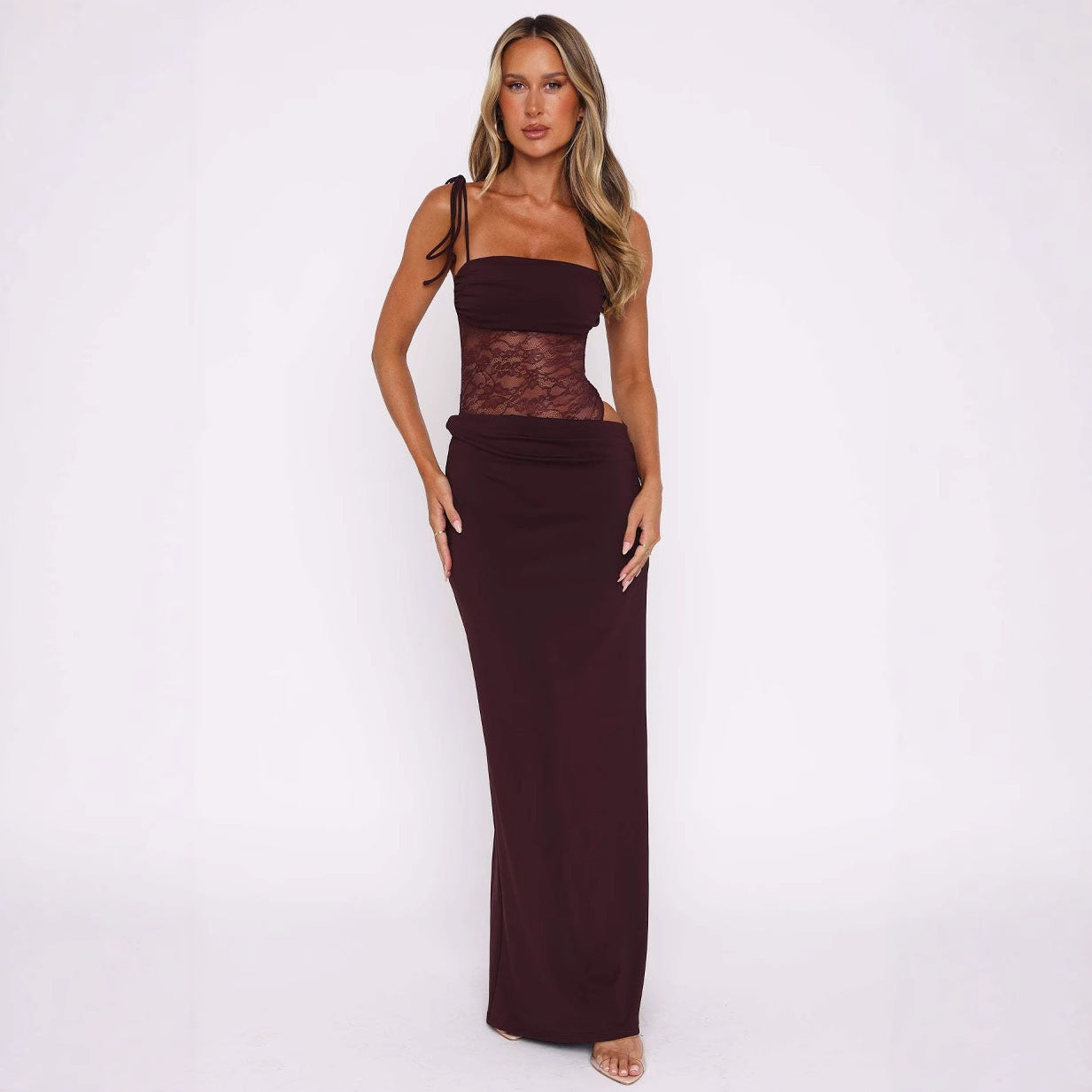 CarolineDress Lace Patchwork Maxi Dress | Elegant Sleeveless Slim Fit Gown