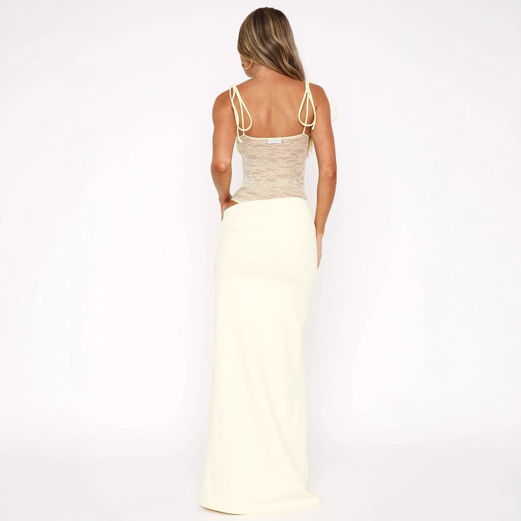 CarolineDress Lace Patchwork Maxi Dress | Elegant Sleeveless Slim Fit Gown