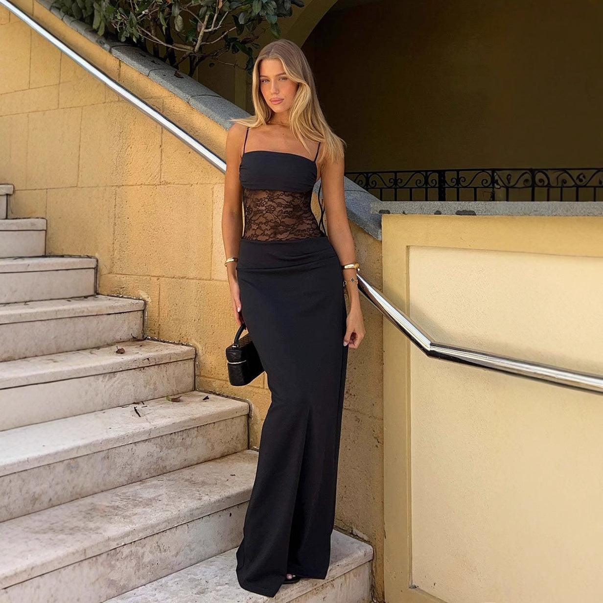 CarolineDress Lace Patchwork Maxi Dress | Elegant Sleeveless Slim Fit Gown