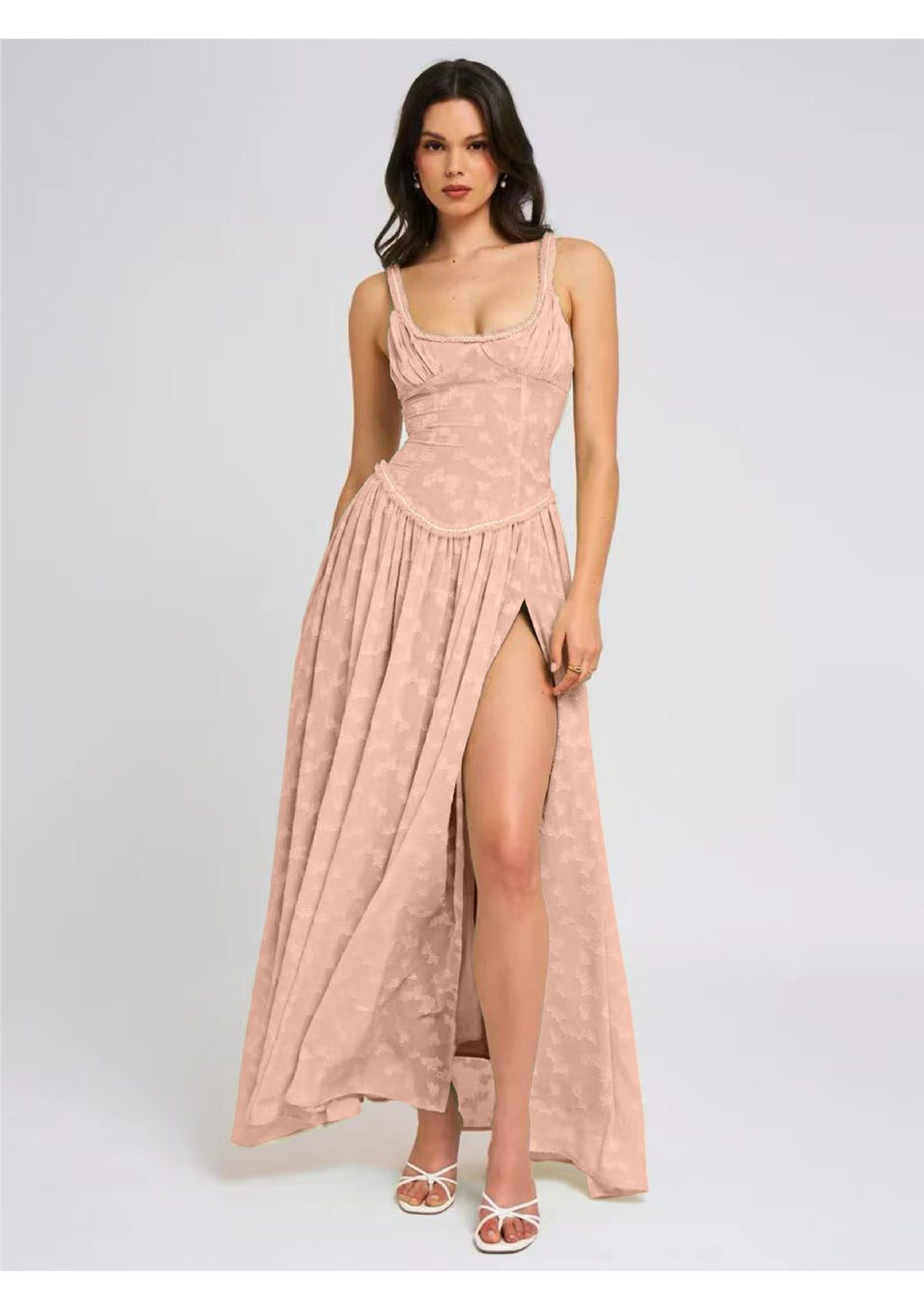 CarolineDress Elegant Square Neck Corset Maxi Dress with High Slit – Evening Party Gown