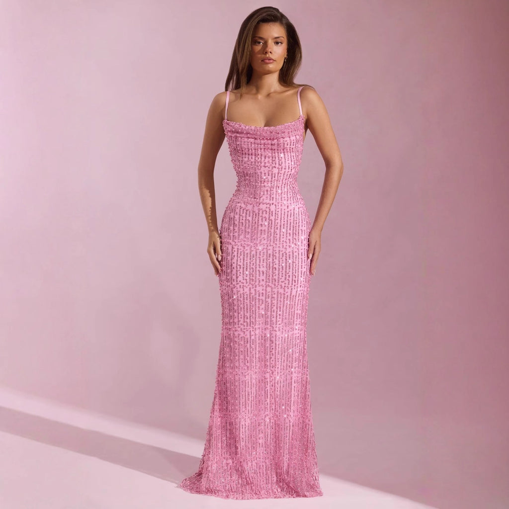 Caroline Beaded Spaghetti Strap Backless Maxi Dress – Elegant Evening Gown