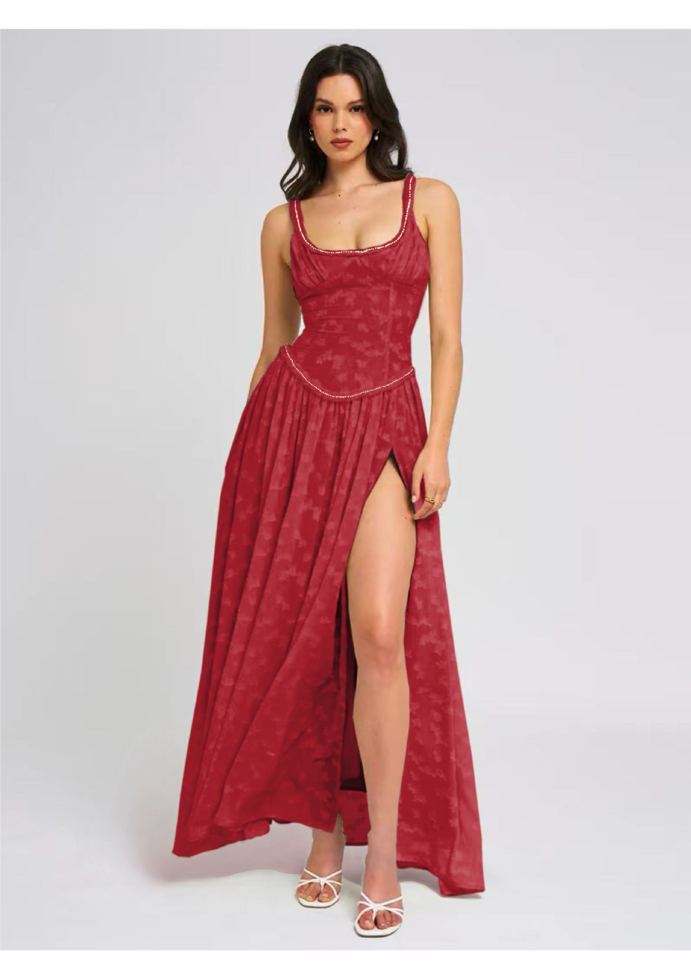 CarolineDress Elegant Square Neck Corset Maxi Dress with High Slit – Evening Party Gown