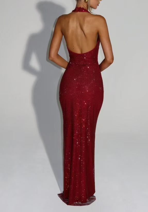 Caroline Deep V Halter Sequin Maxi Dress – Sexy Backless Evening Gown
