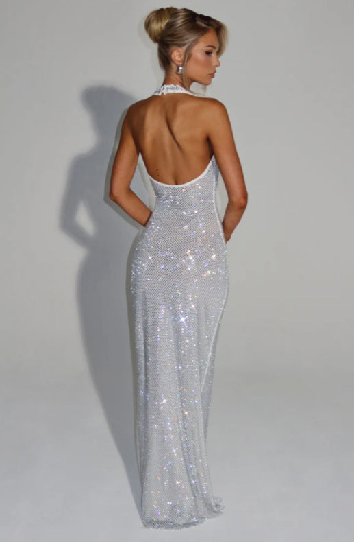 Caroline Deep V Halter Sequin Maxi Dress – Sexy Backless Evening Gown