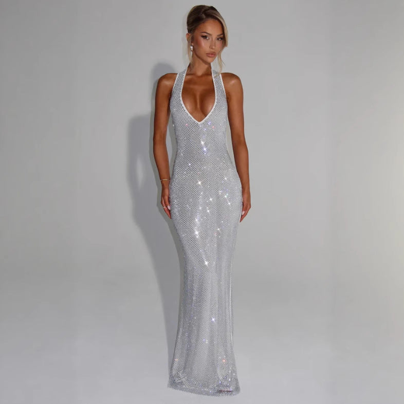 Caroline Deep V Halter Sequin Maxi Dress – Sexy Backless Evening Gown