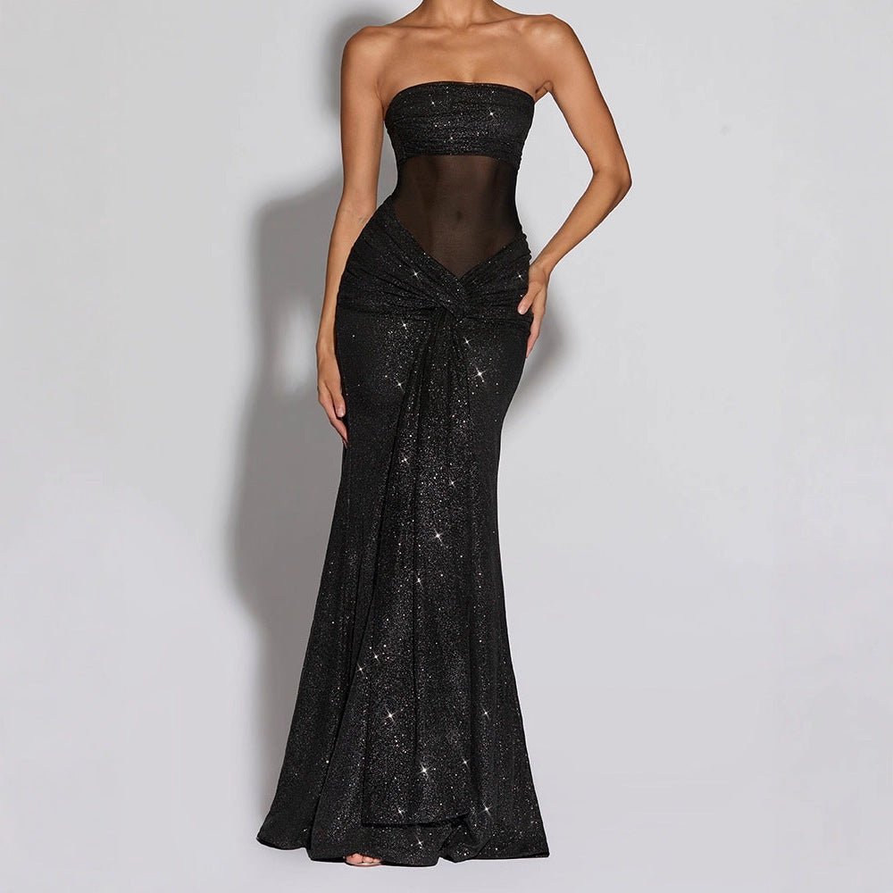 CarolineDress Strapless Sheer Mesh Glitter Maxi Dress for Women