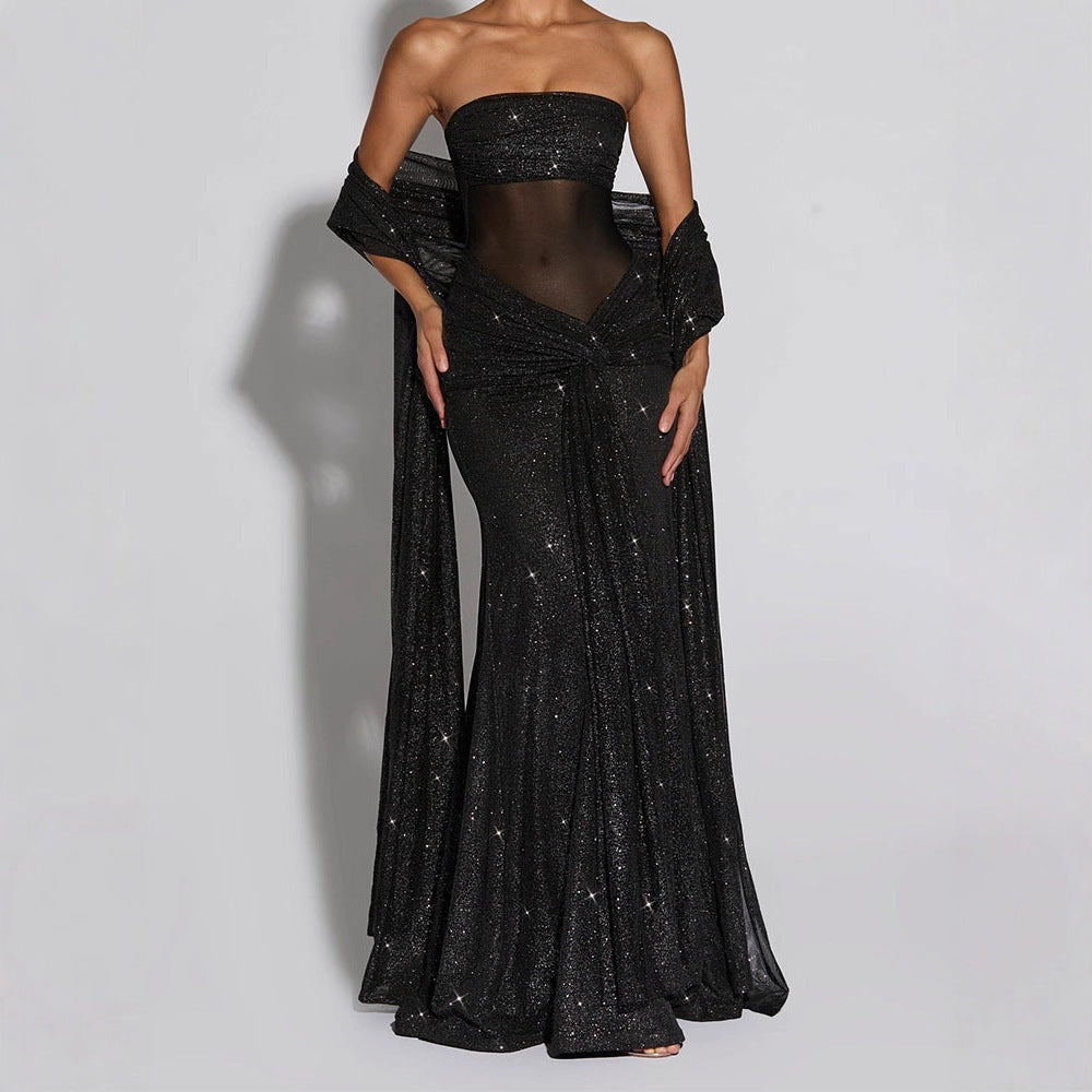 CarolineDress Strapless Sheer Mesh Glitter Maxi Dress for Women