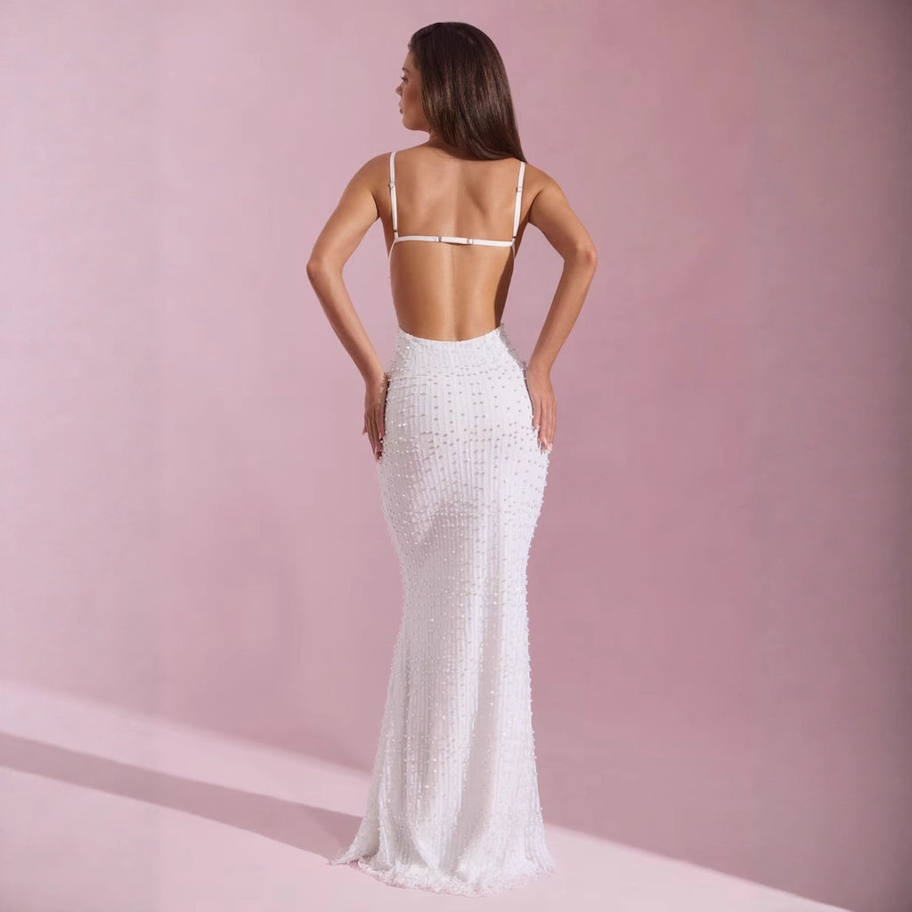 Caroline Beaded Spaghetti Strap Backless Maxi Dress – Elegant Evening Gown