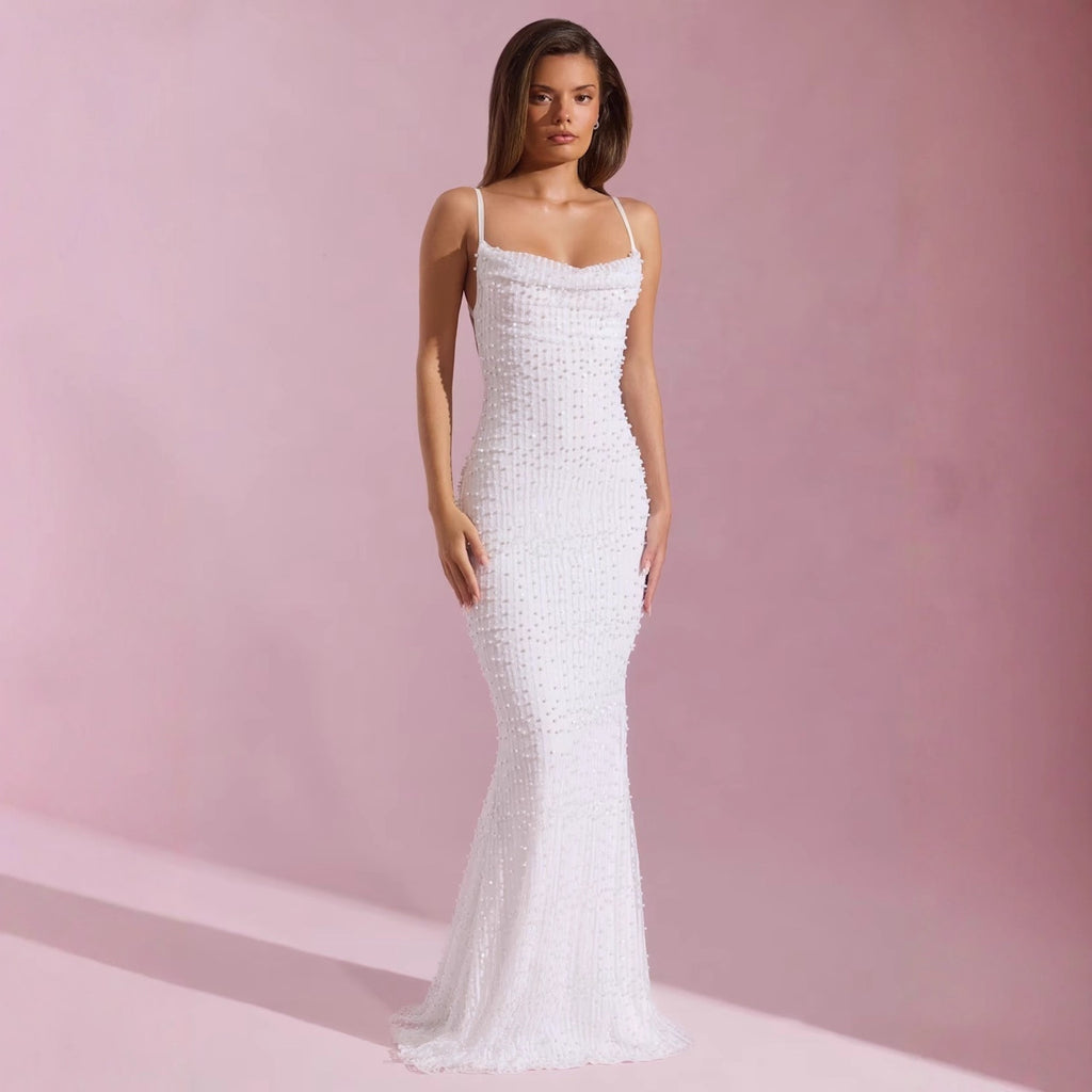 Caroline Beaded Spaghetti Strap Backless Maxi Dress – Elegant Evening Gown