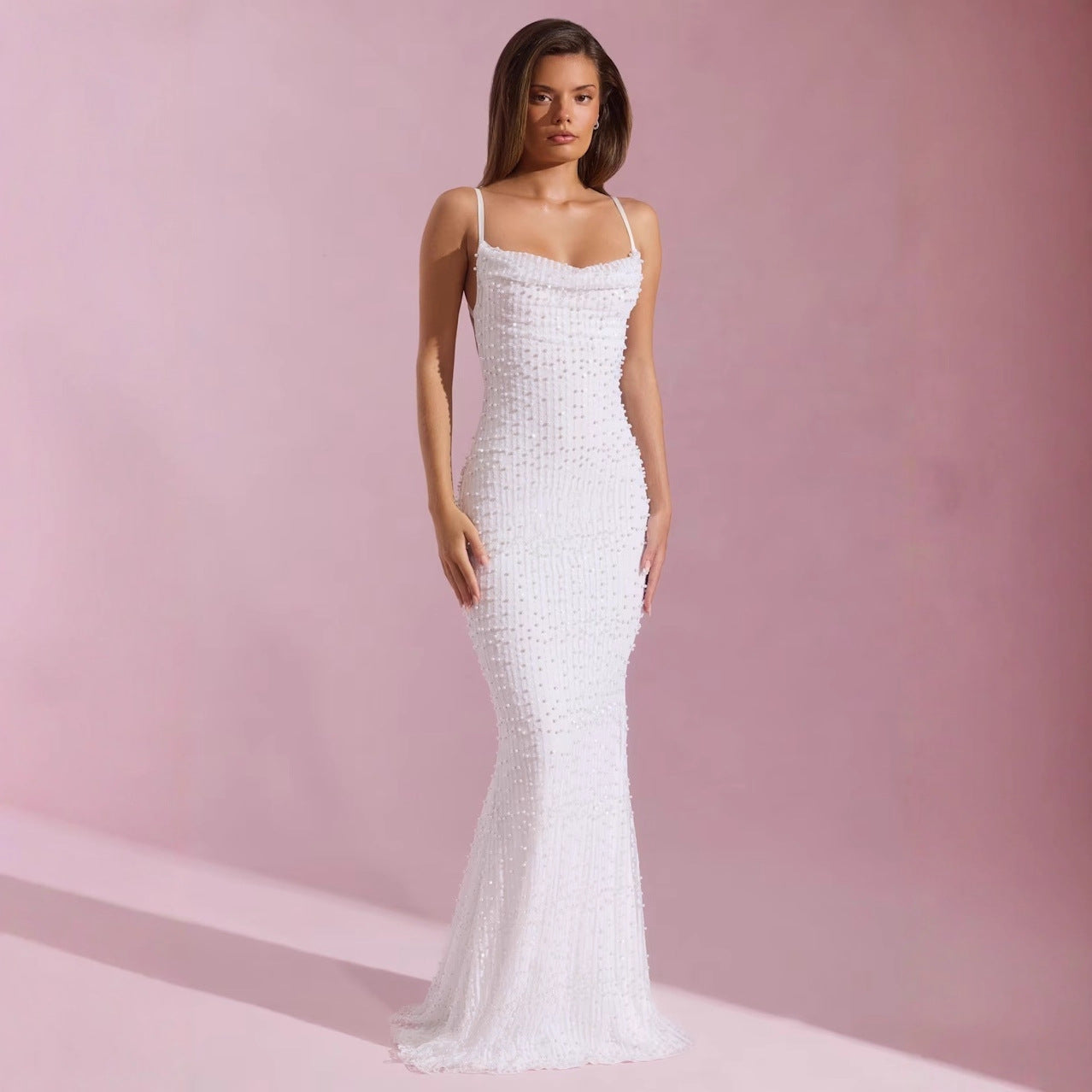 Caroline Beaded Spaghetti Strap Backless Maxi Dress – Elegant Evening Gown