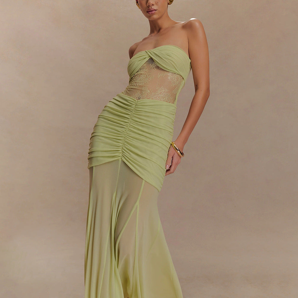 Black Lace Corset Strapless Evening Gown – Elegant Ruched Mesh Maxi Dress