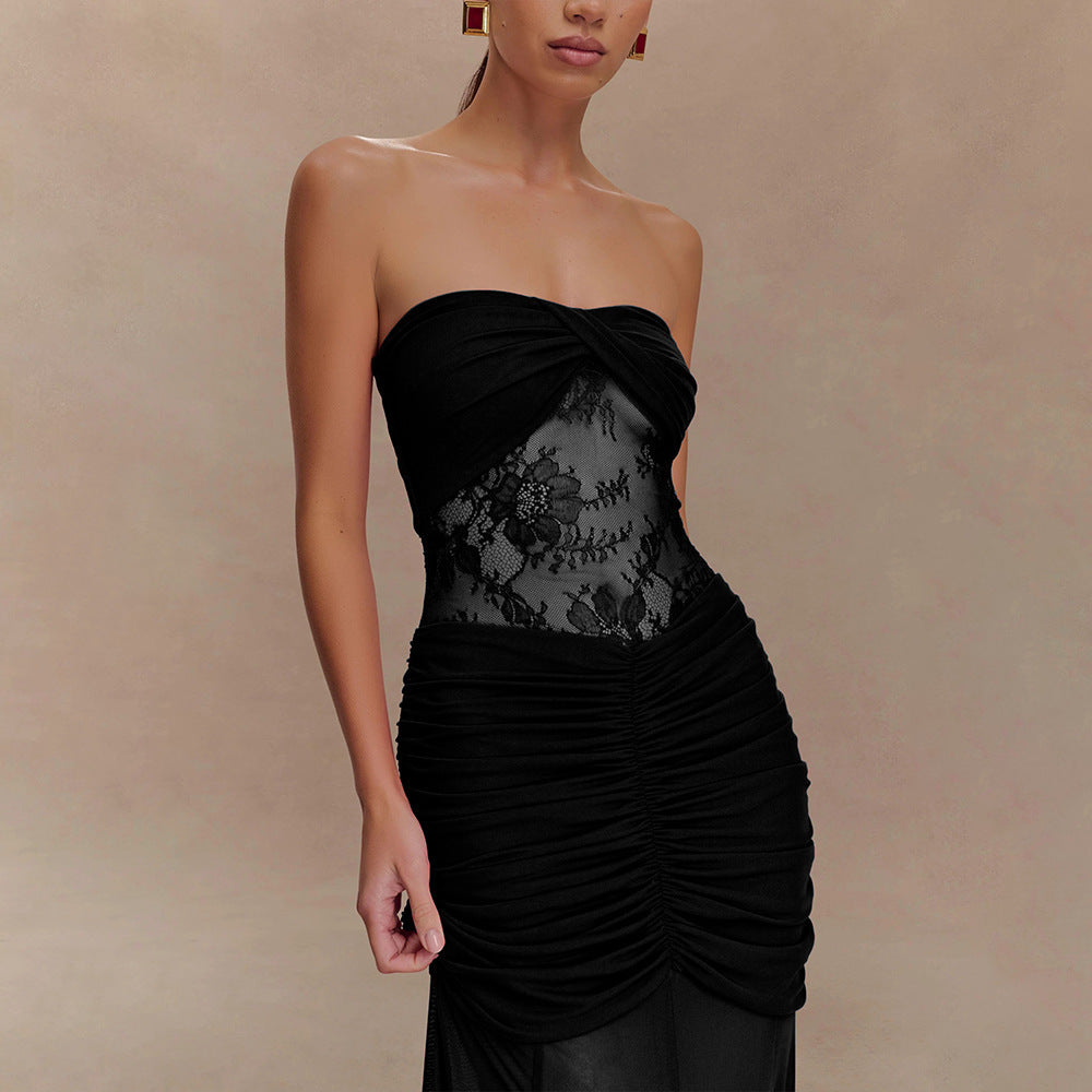 Black Lace Corset Strapless Evening Gown – Elegant Ruched Mesh Maxi Dress